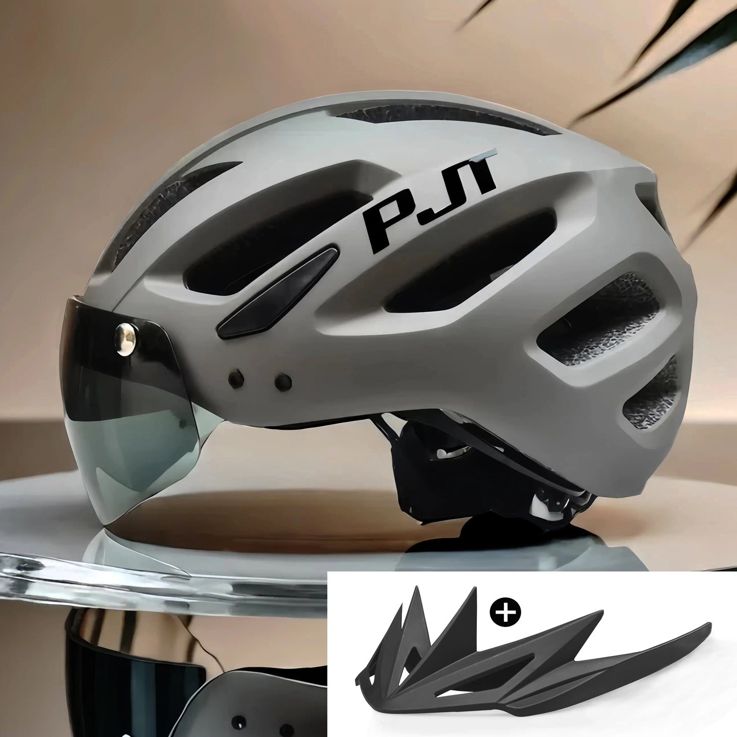 PJT New LED Bike Helmet With Sun Goggle Visor Rechargeable LED Men Bicycle Helmet Sunglasses Shield Road MTB Cycling Helmets