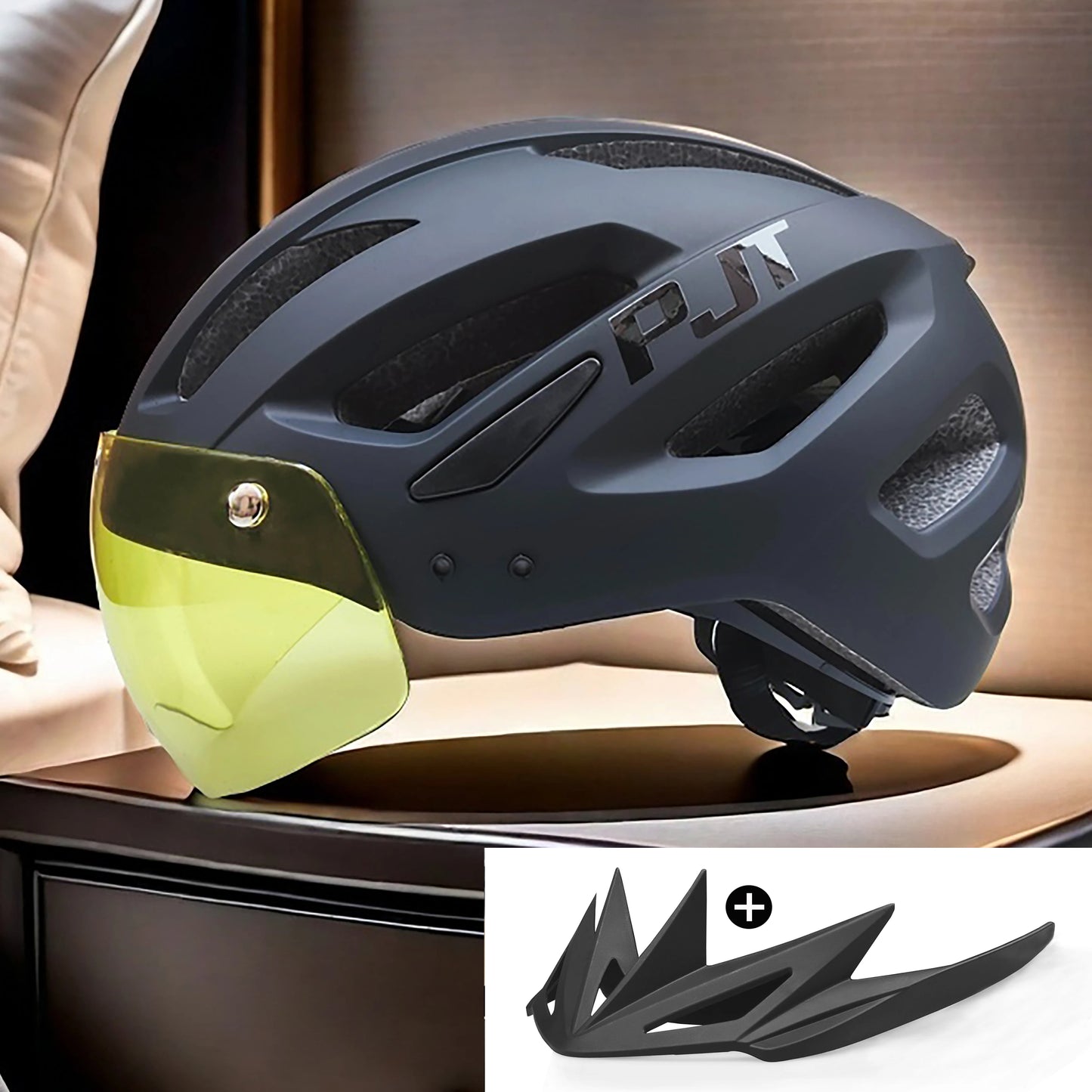 PJT New LED Bike Helmet With Sun Goggle Visor Rechargeable LED Men Bicycle Helmet Sunglasses Shield Road MTB Cycling Helmets