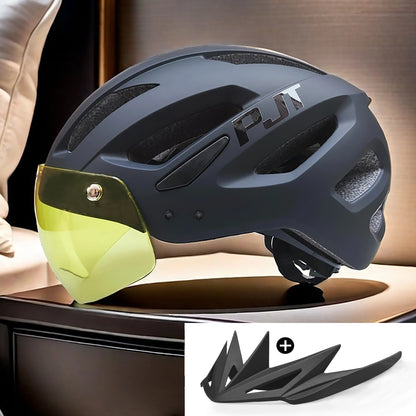 PJT New LED Bike Helmet With Sun Goggle Visor Rechargeable LED Men Bicycle Helmet Sunglasses Shield Road MTB Cycling Helmets