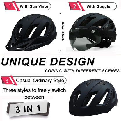 PJT New LED Bike Helmet With Sun Goggle Visor Rechargeable LED Men Bicycle Helmet Sunglasses Shield Road MTB Cycling Helmets