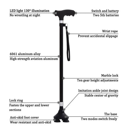 Non-slip Walking Sticks For The Elderly Retractable Aluminum Alloy Multifunctional Cane With Led Light Old Men Crutch
