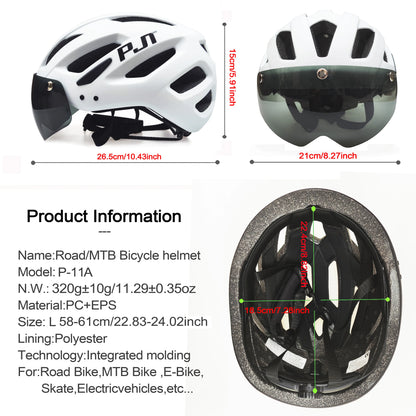 PJT New LED Bike Helmet With Sun Goggle Visor Rechargeable LED Men Bicycle Helmet Sunglasses Shield Road MTB Cycling Helmets